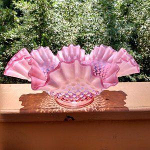 Vintage Hobnail Opalescent Pink Ruffled Edge Bowl